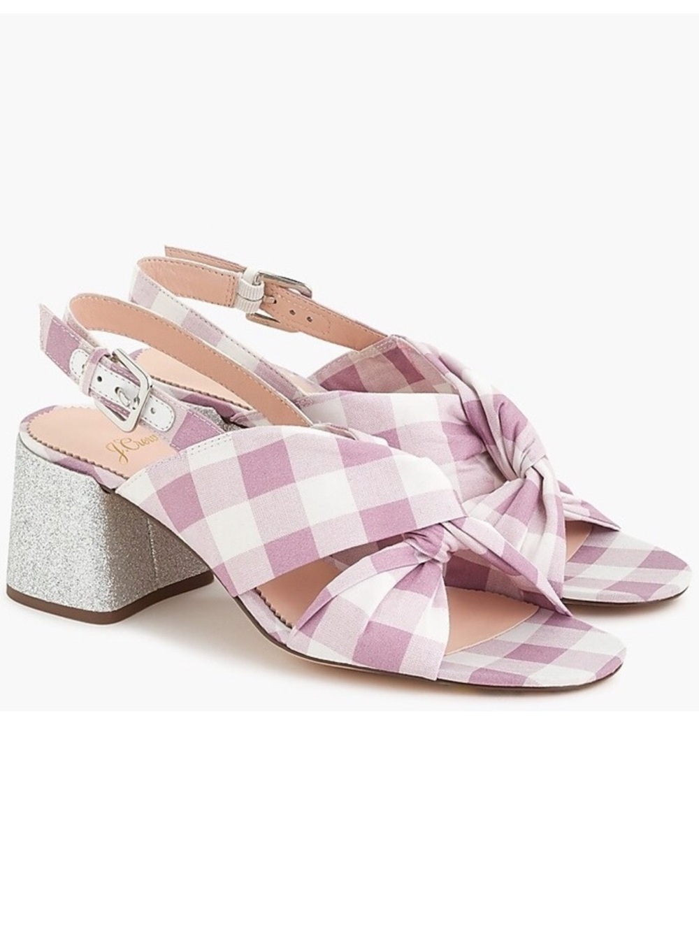 J. Crew Twisted Knot Penny Sandals in Gingham with Glitter Heels, Women's 7.5